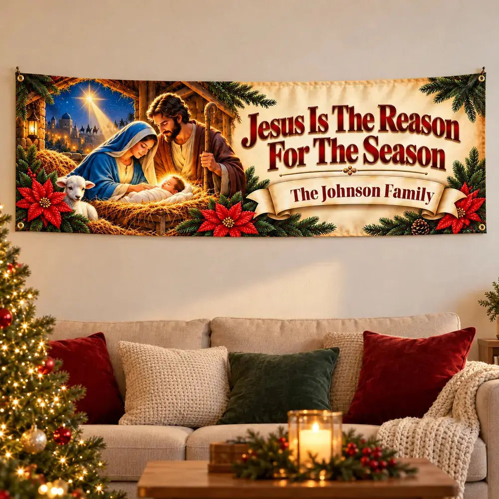 Jesus Is The Reason Personalized Christmas banner in living room