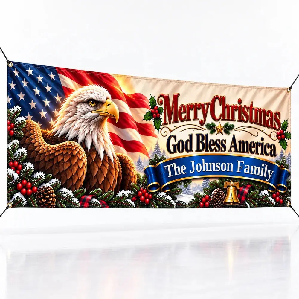 Patriotic Eagle Custom family name Christmas fabric banner - studio view