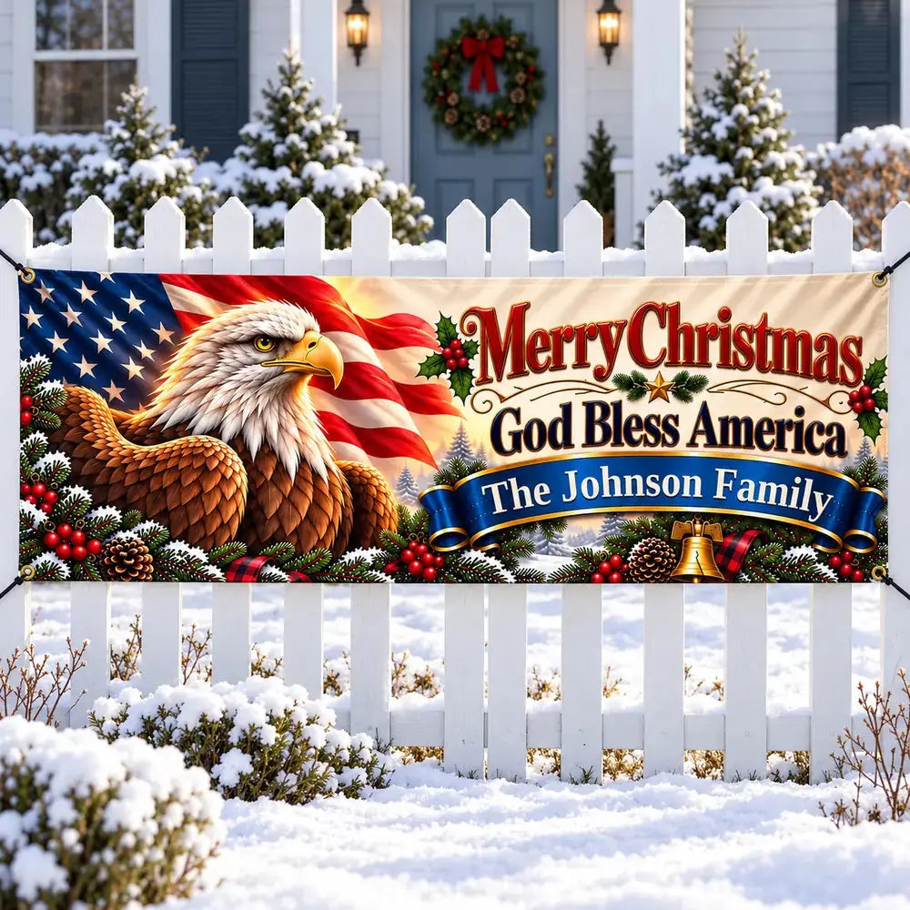 Patriotic Eagle Christmas family banner on snowy picket fence