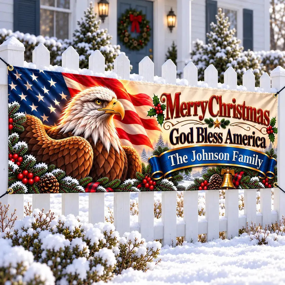 Patriotic Eagle Personalized Christmas yard banner on fence
