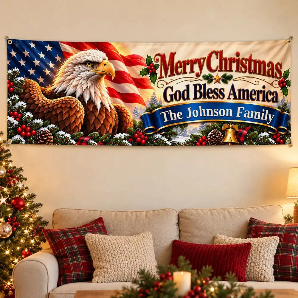 Patriotic Eagle Personalized Christmas banner in living room
