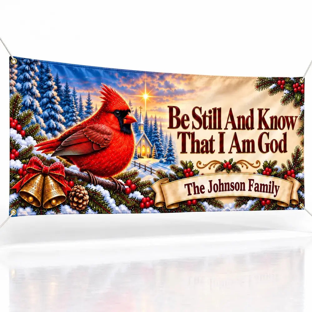 Be Still Cardinal Custom family name Christmas fabric banner - studio view