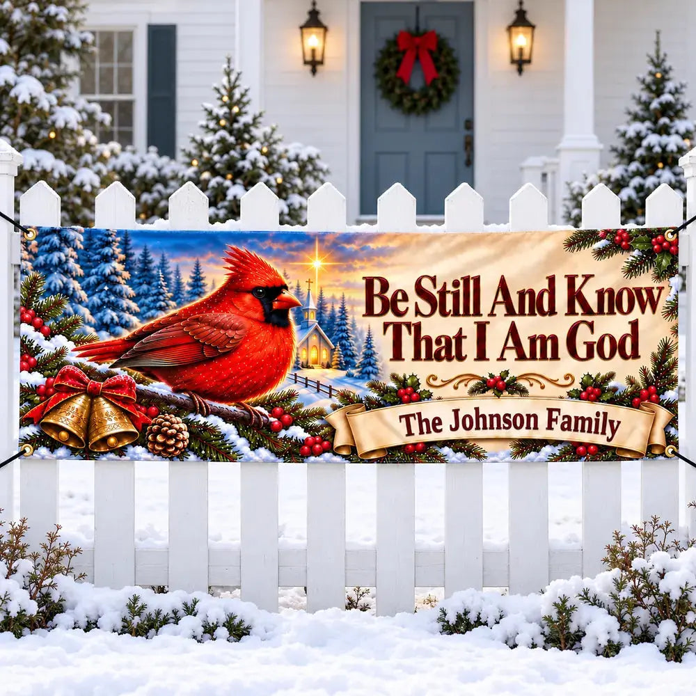 Be Still Cardinal Christmas family banner on snowy picket fence