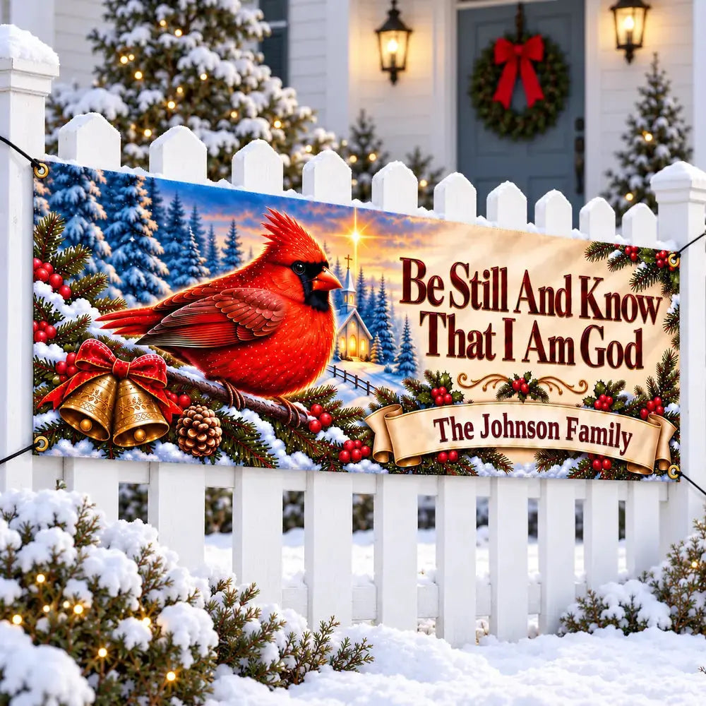 Be Still Cardinal Personalized Christmas yard banner on fence