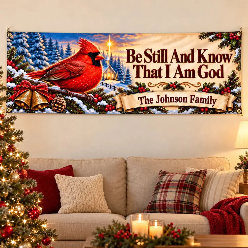 Be Still Cardinal Personalized Christmas banner in living room