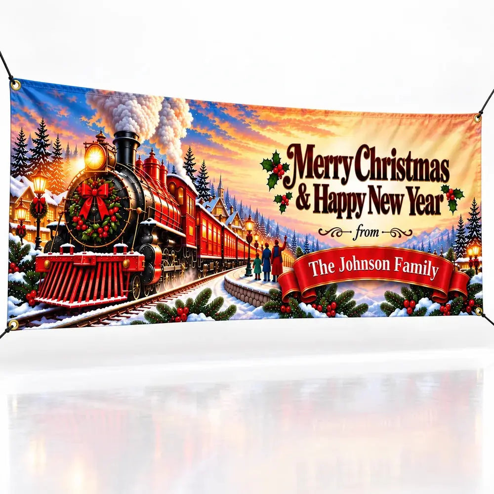 Christmas Train Custom family name Christmas fabric banner - studio view