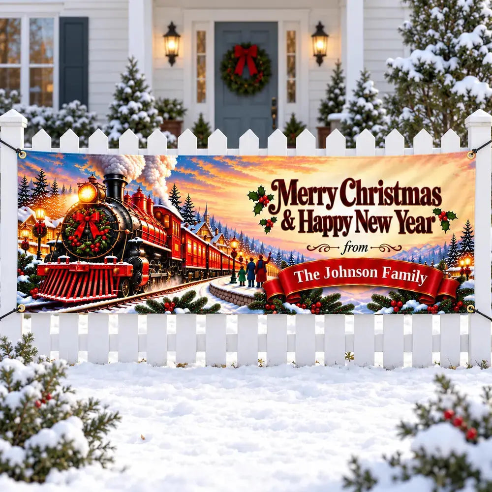Christmas Train Christmas family banner on snowy picket fence