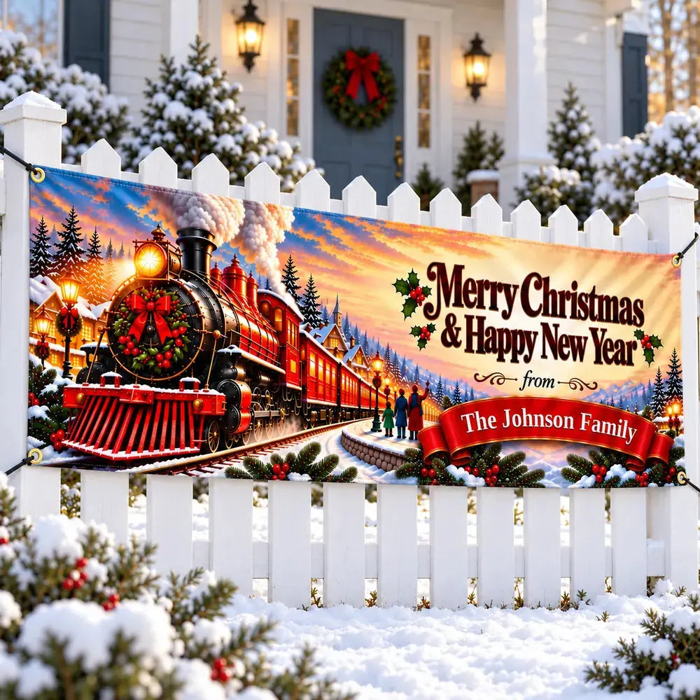 Christmas Train Personalized Christmas yard banner on fence