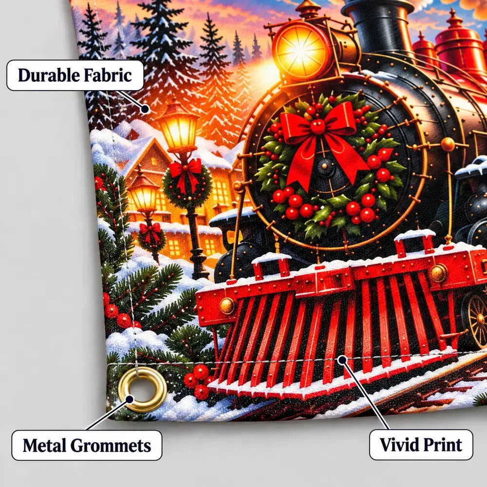Christmas Train Durable fabric banner with metal grommets detail