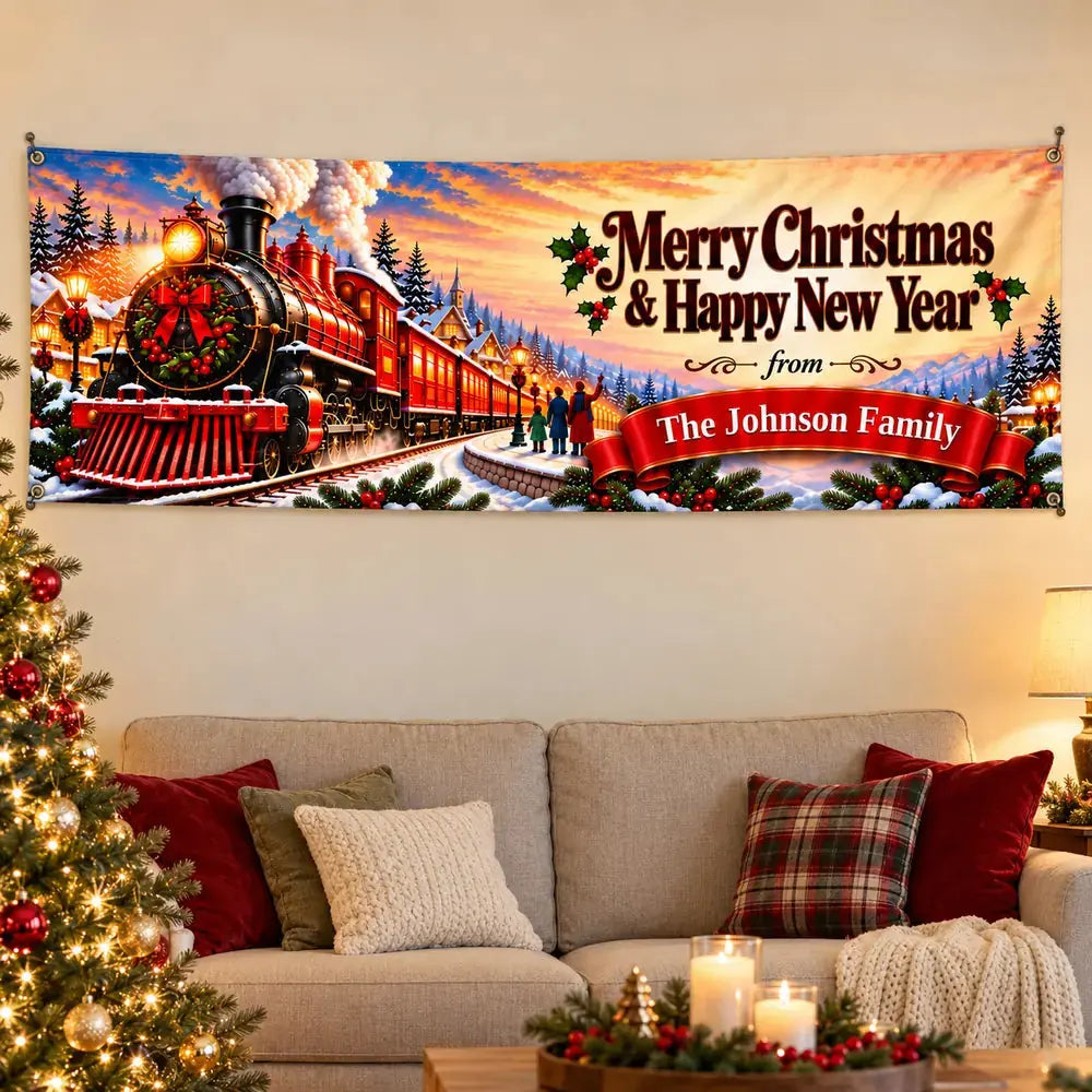 Christmas Train Personalized Christmas banner in living room