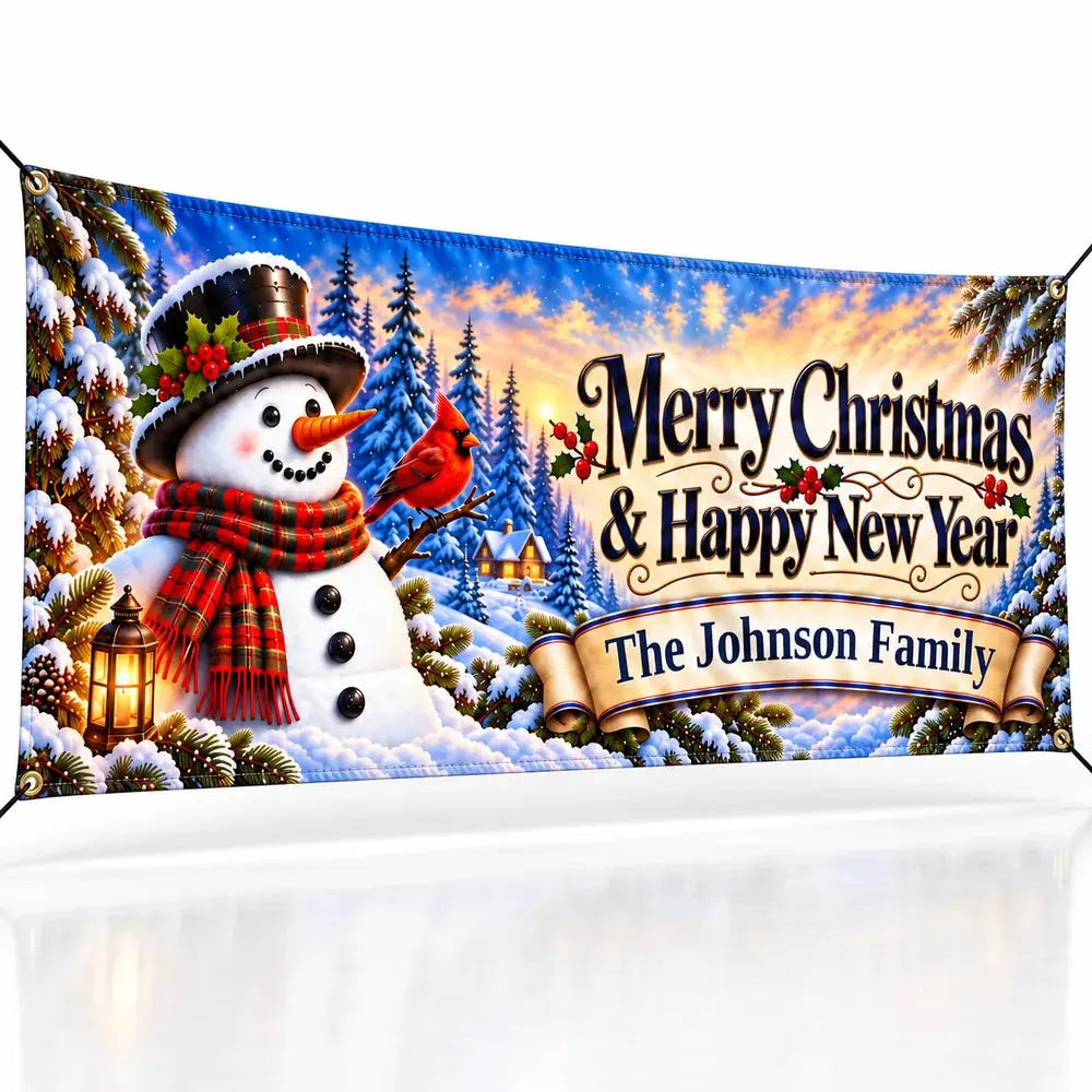 Snowman Cardinal Custom family name Christmas fabric banner - studio view