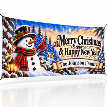 Snowman Cardinal Custom family name Christmas fabric banner - studio view