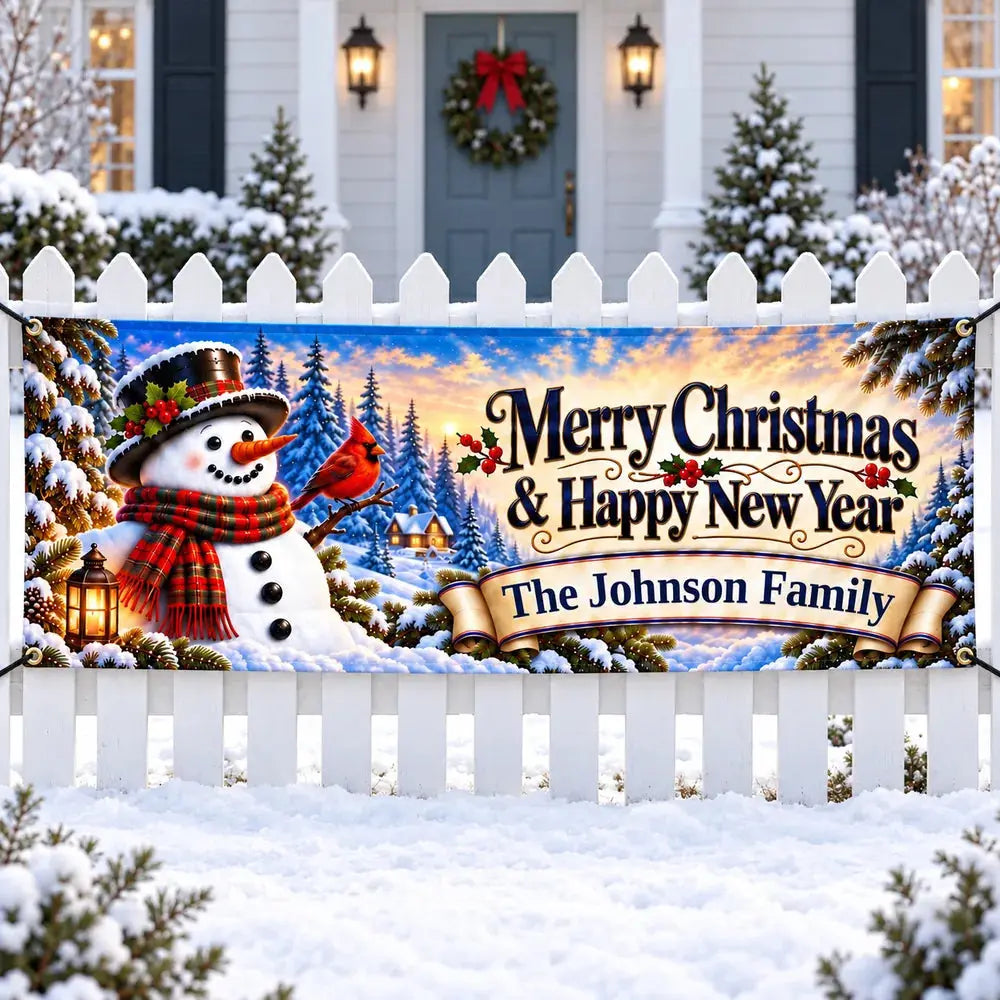 Snowman Cardinal Christmas family banner on snowy picket fence