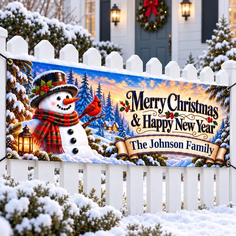 Snowman Cardinal Personalized Christmas yard banner on fence