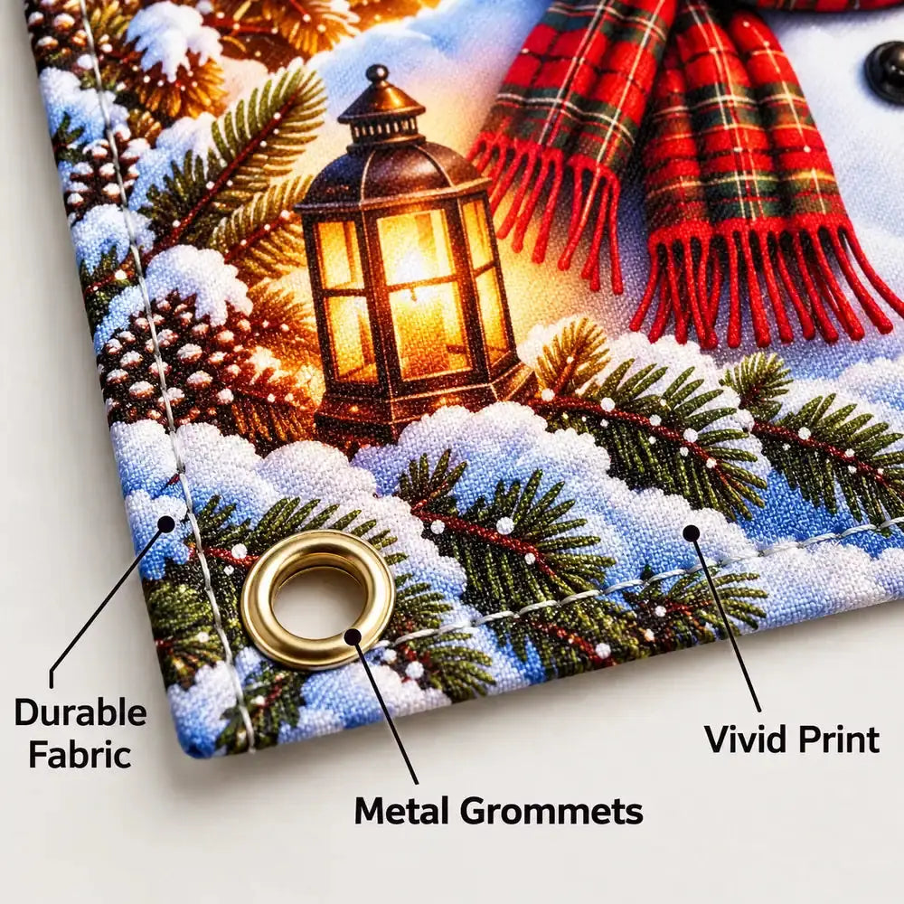 Snowman Cardinal Durable fabric banner with metal grommets detail