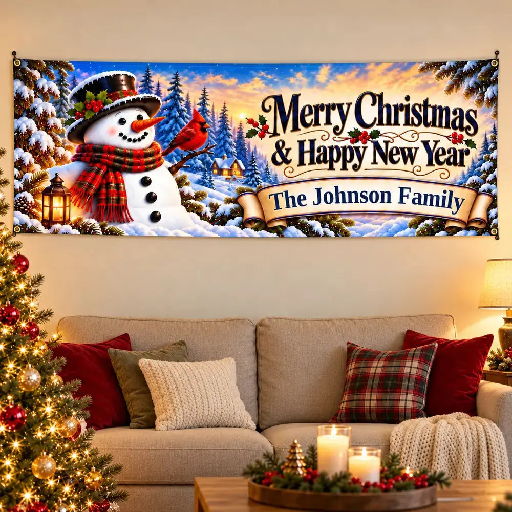 Snowman Cardinal Personalized Christmas banner in living room
