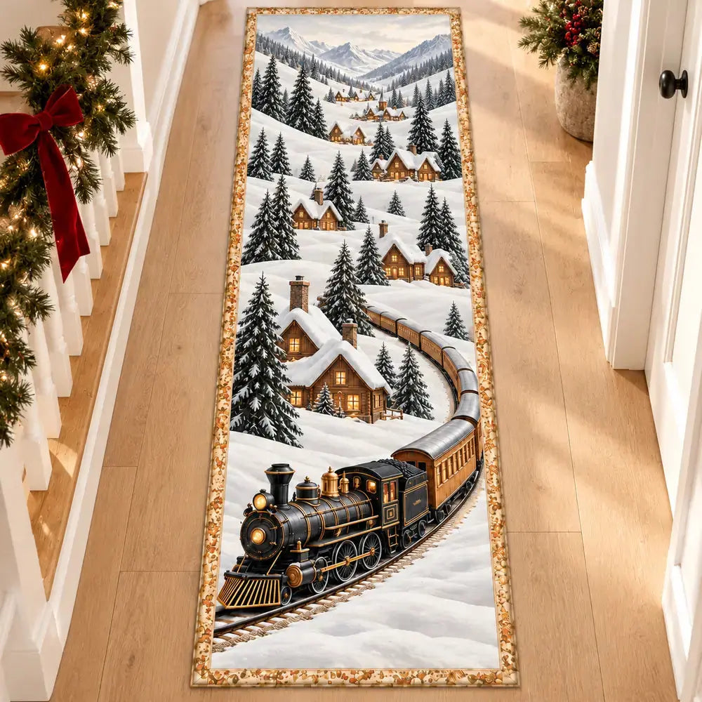Snowy Village Christmas Train Runner Rug in a bright hallway