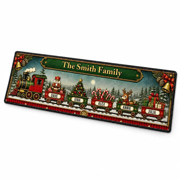 Personalized Christmas train family runner rug on white background