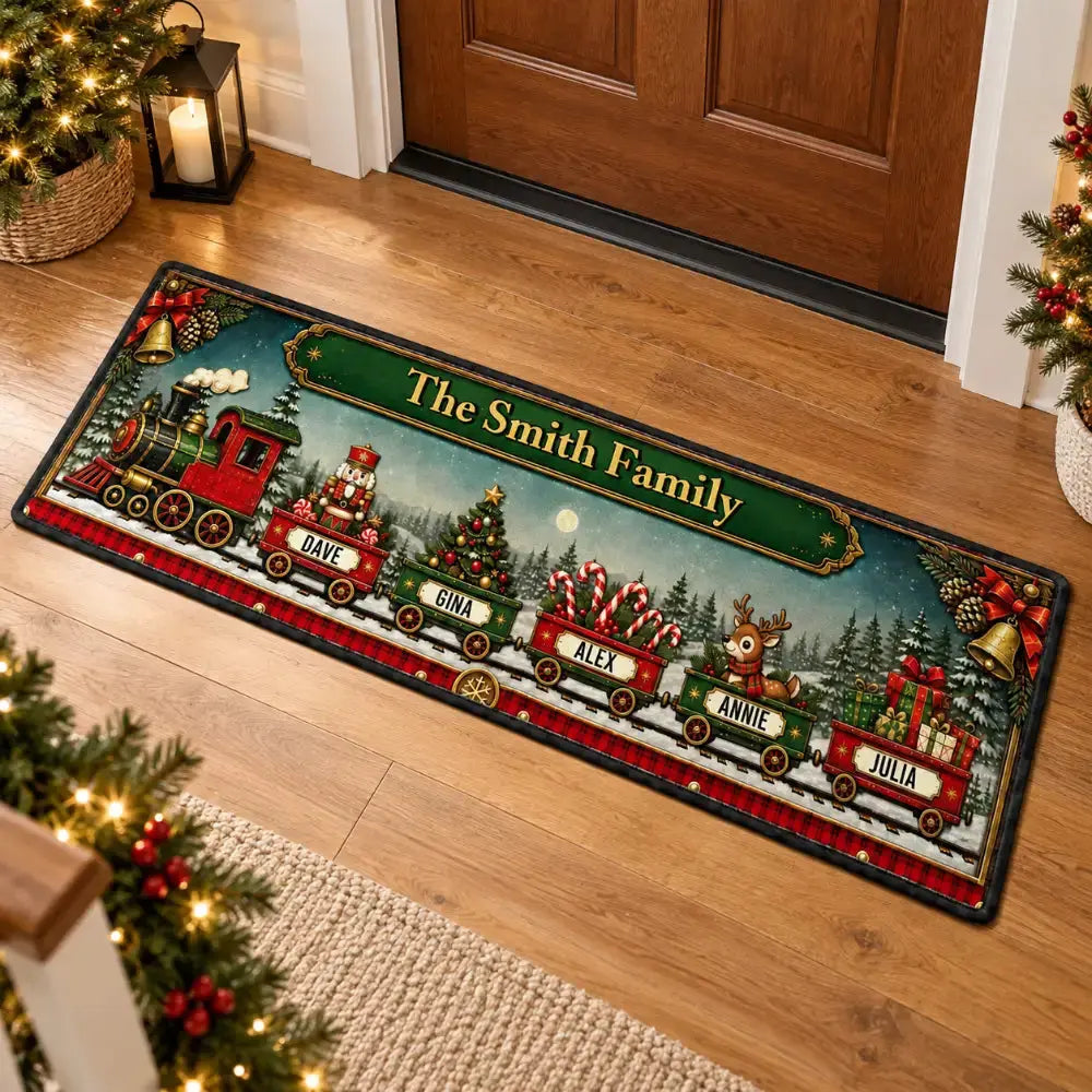 Christmas train family name runner rug at the front door entryway