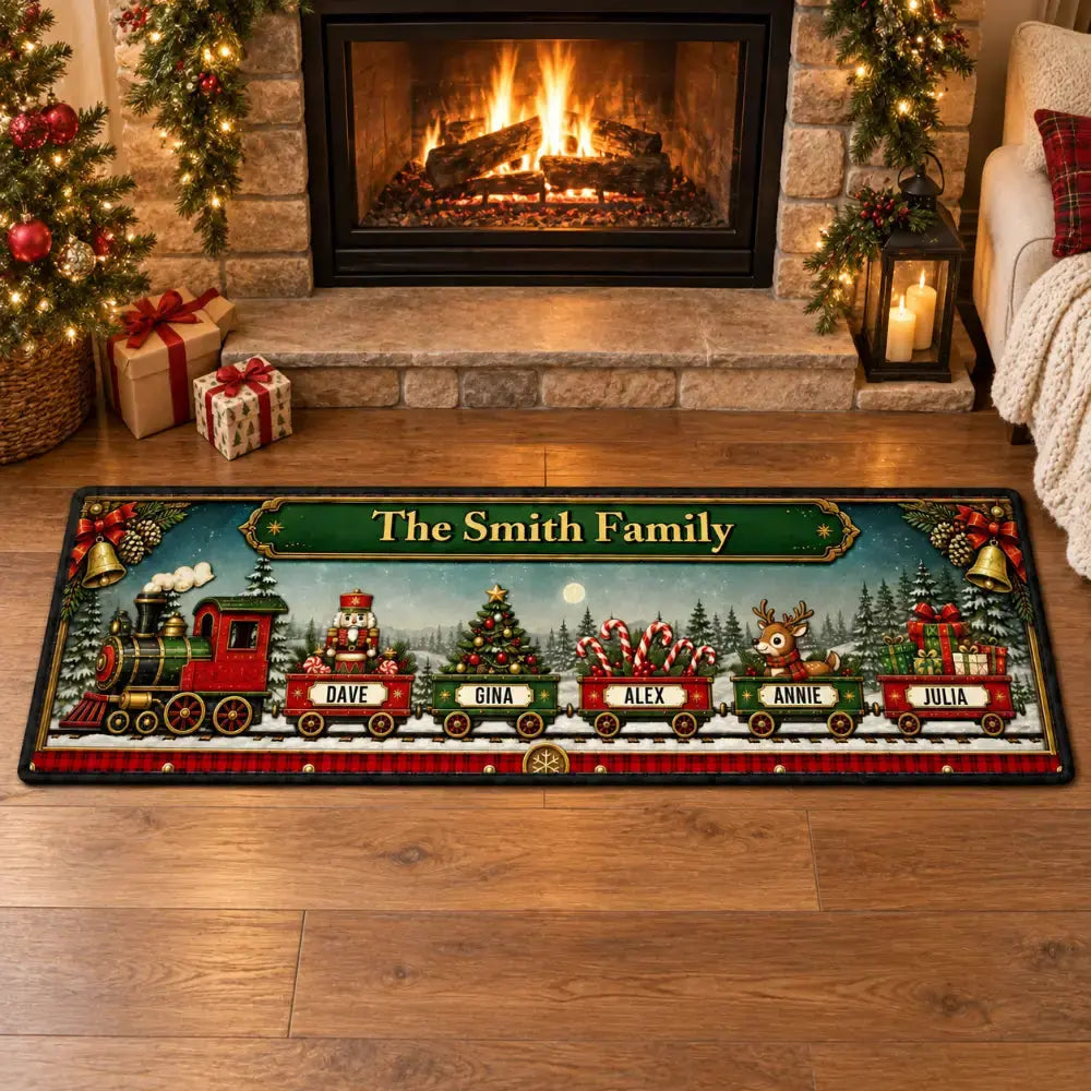 Custom Christmas train runner rug in front of the fireplace