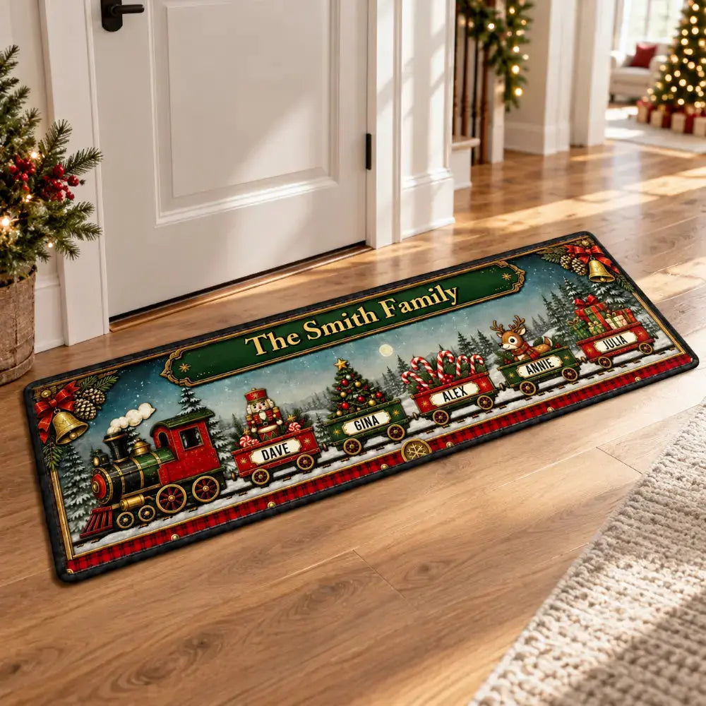 Personalized family runner rug in a Christmas hallway