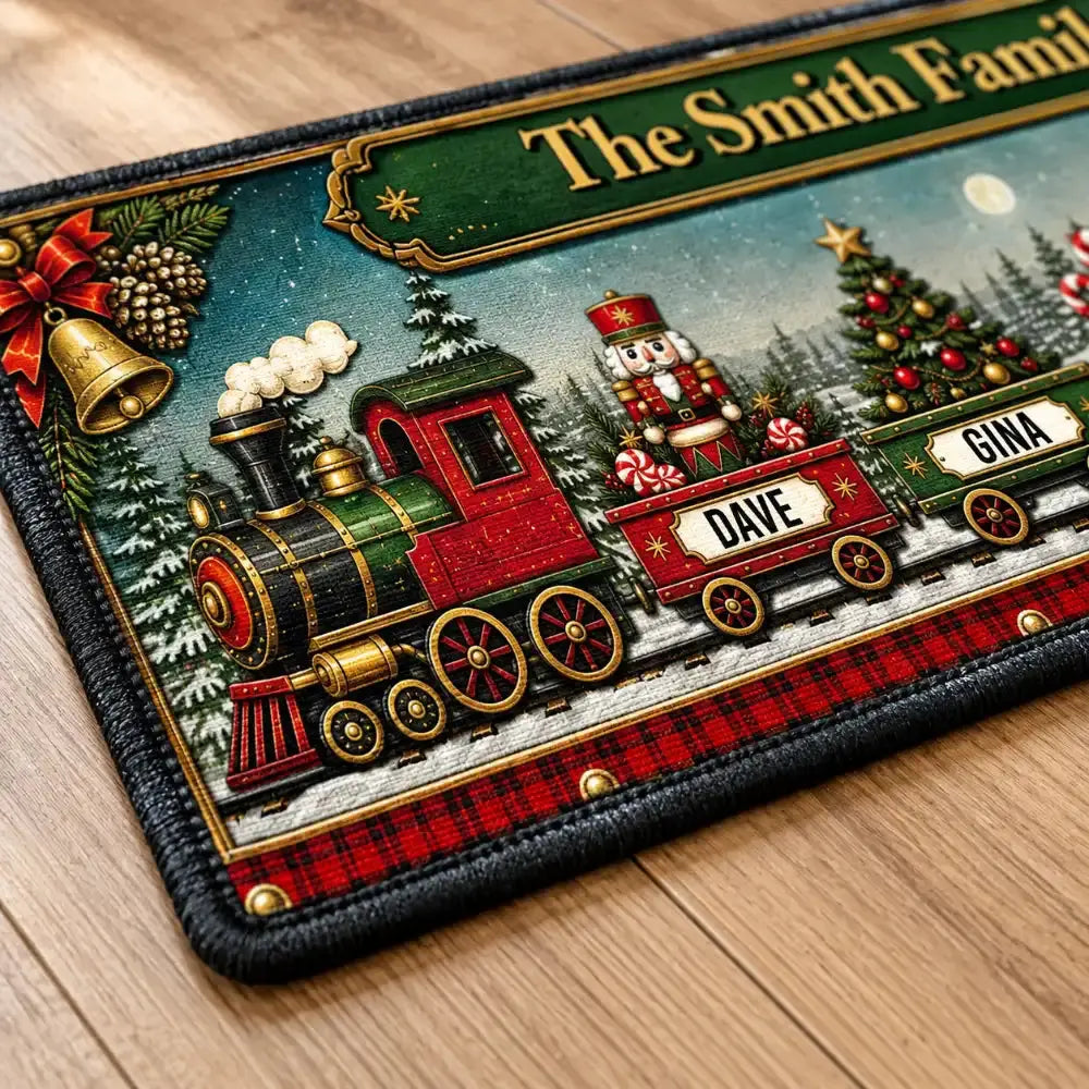Close-up of printed runner rug with custom names