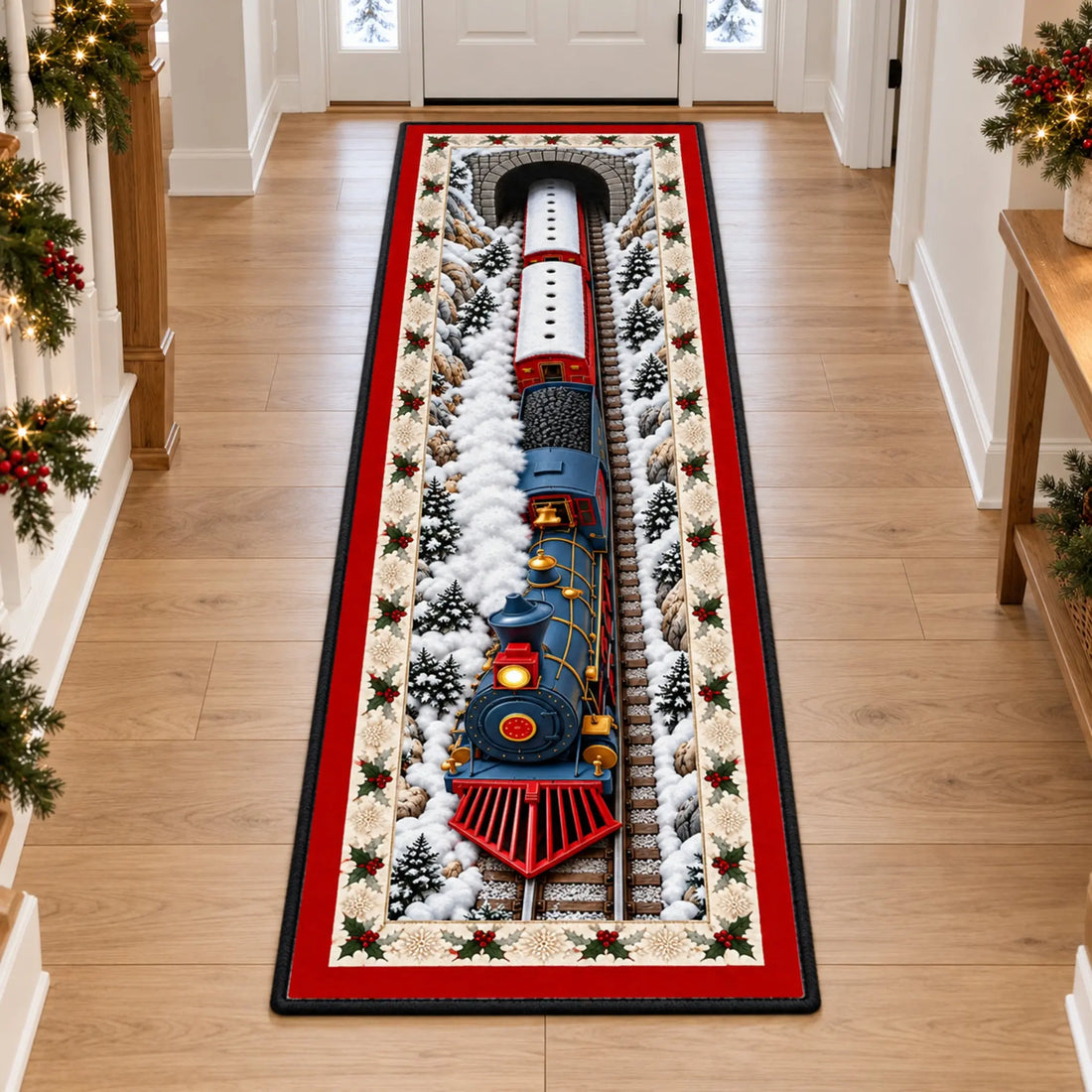 Christmas train tunnel runner rug in a decorated hallway