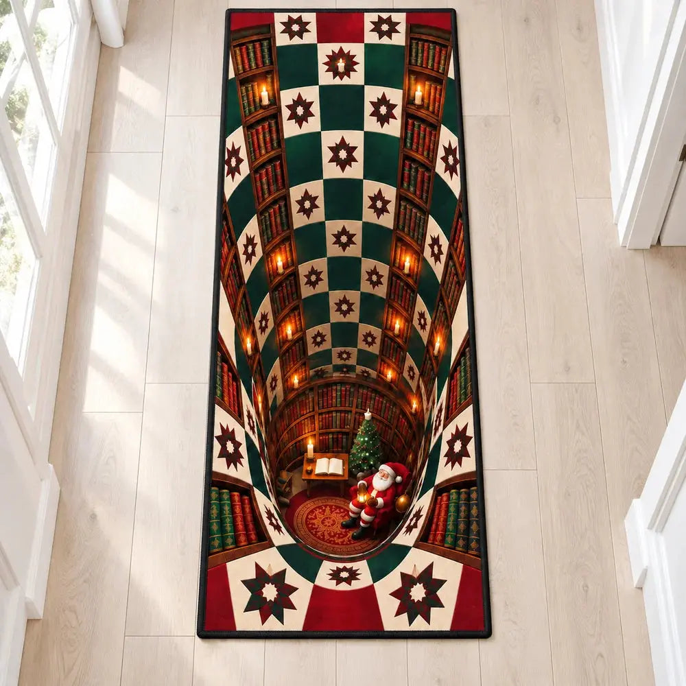Santa library well 3D Christmas runner rug overhead view