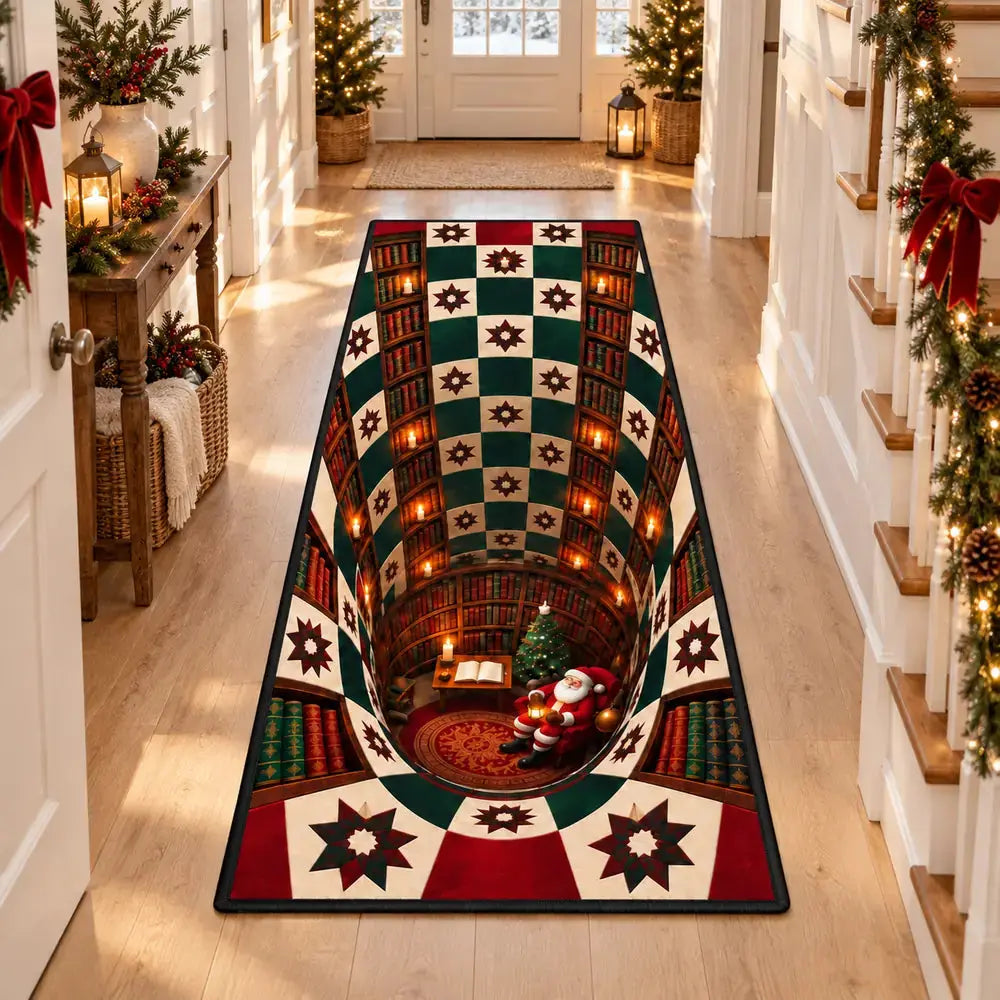 3D Santa library well runner rug in a Christmas hallway