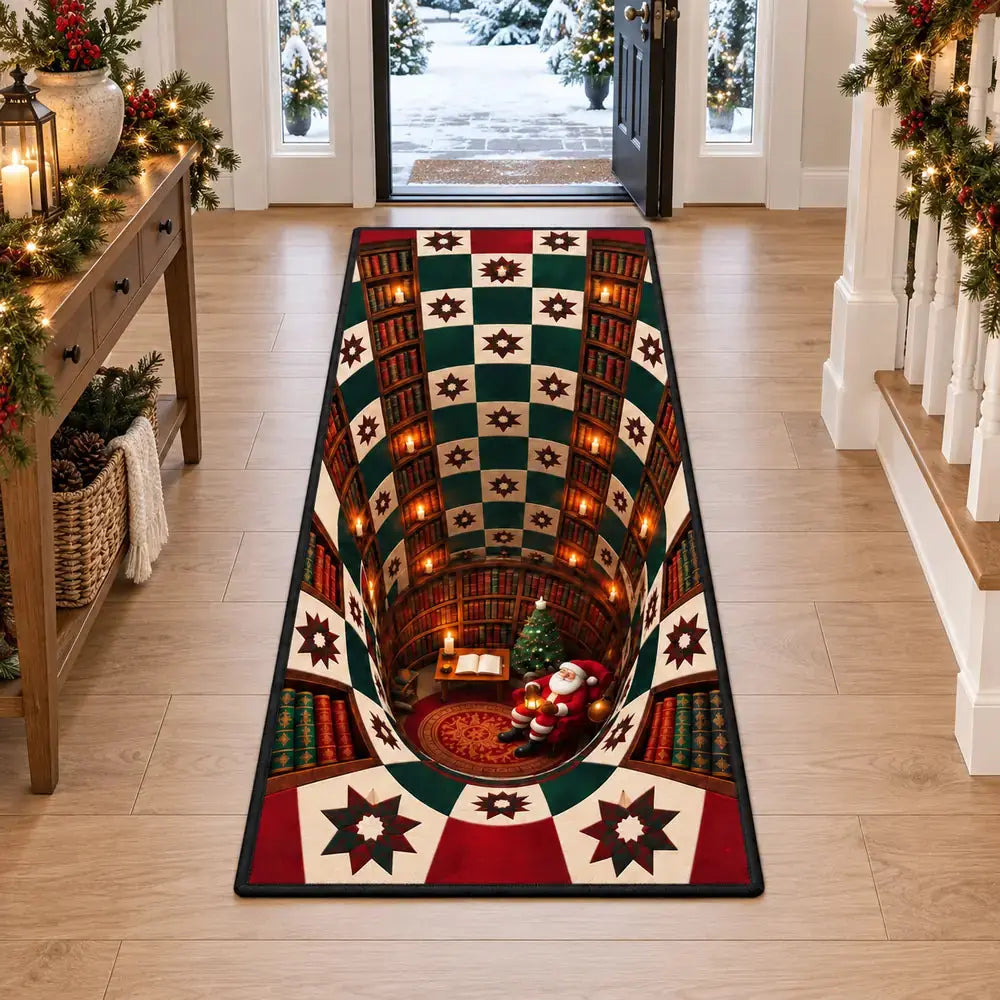 Santa library runner rug at the snowy front entry