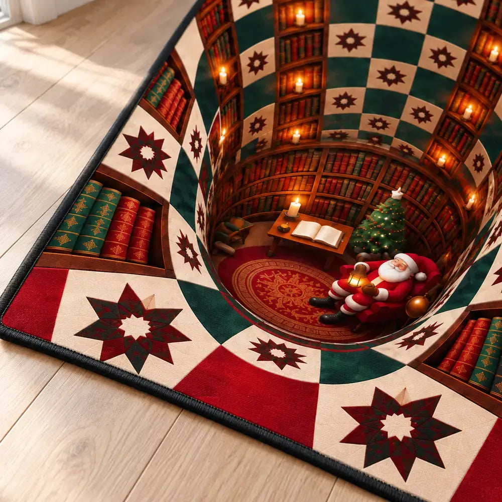 Santa and library well print detail on the runner rug