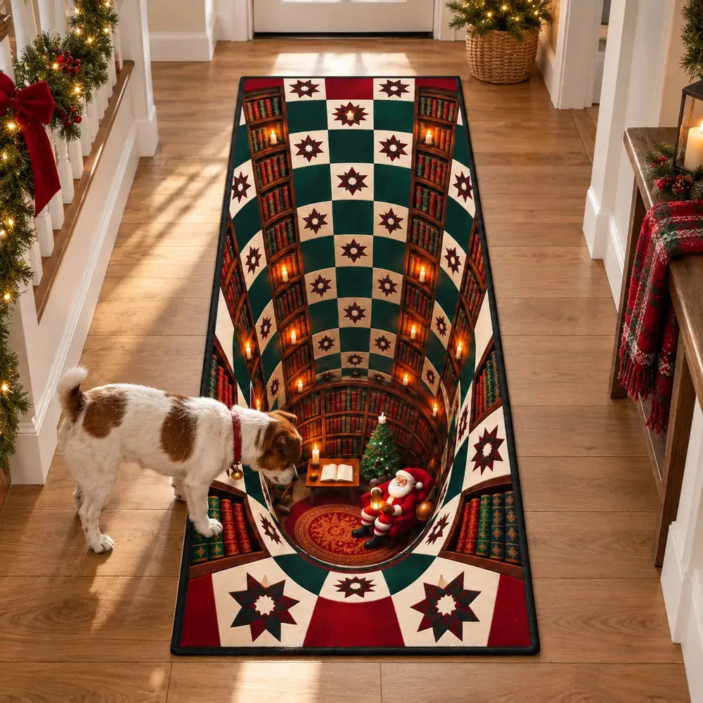 Curious dog looking at the 3D Santa library runner rug