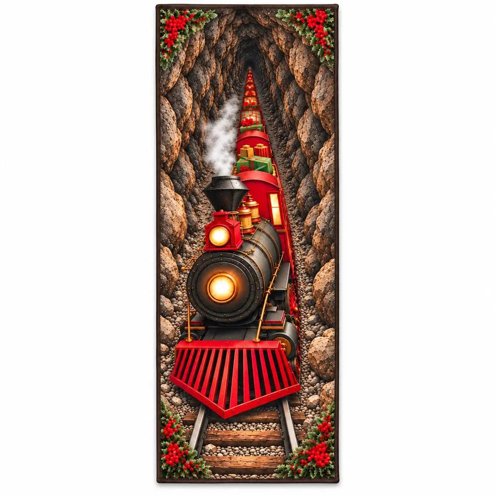 Christmas train cave 3D illusion runner rug on white background