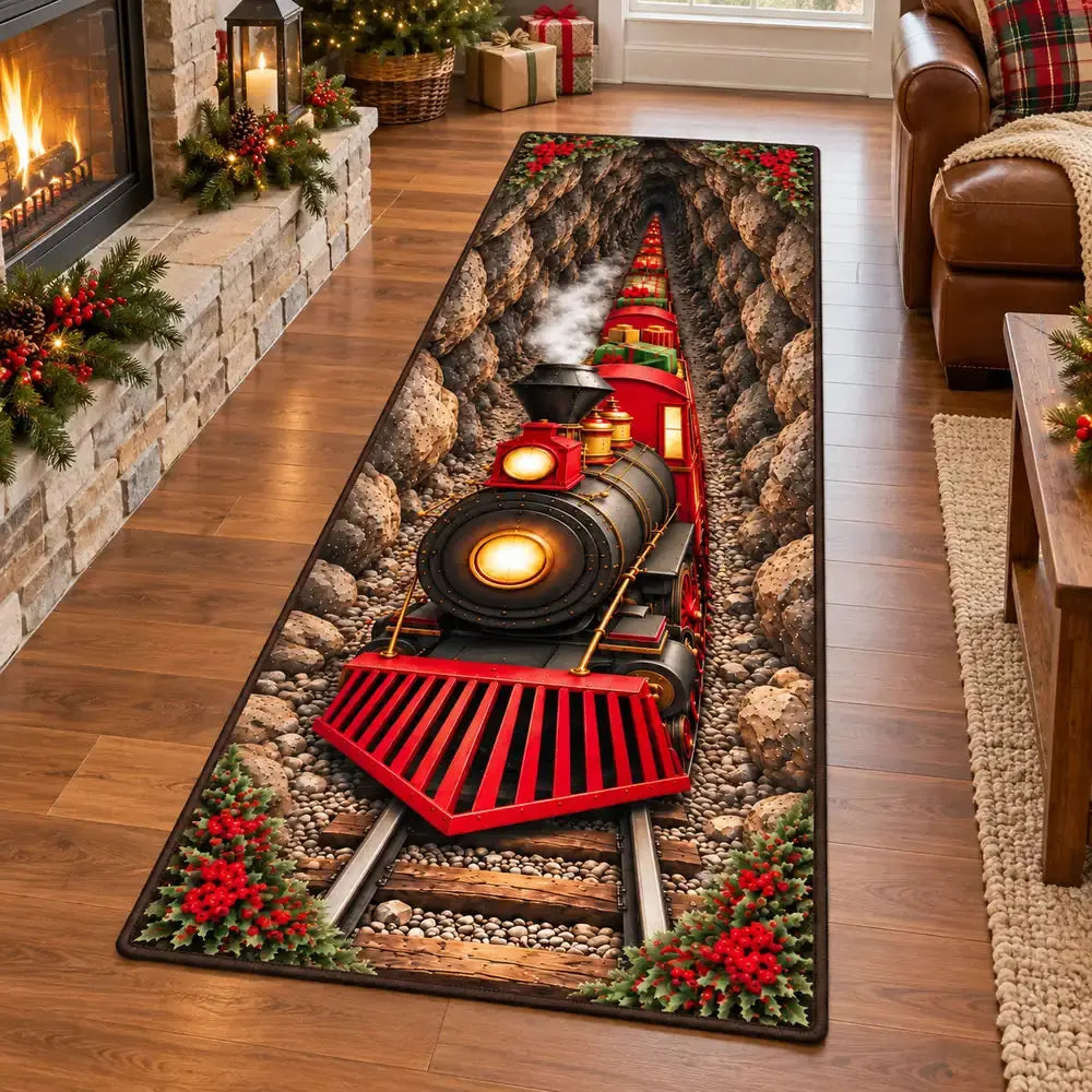 Christmas train runner rug by the fireplace