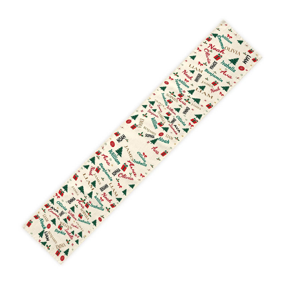 Grandkids names Christmas table runner on white background