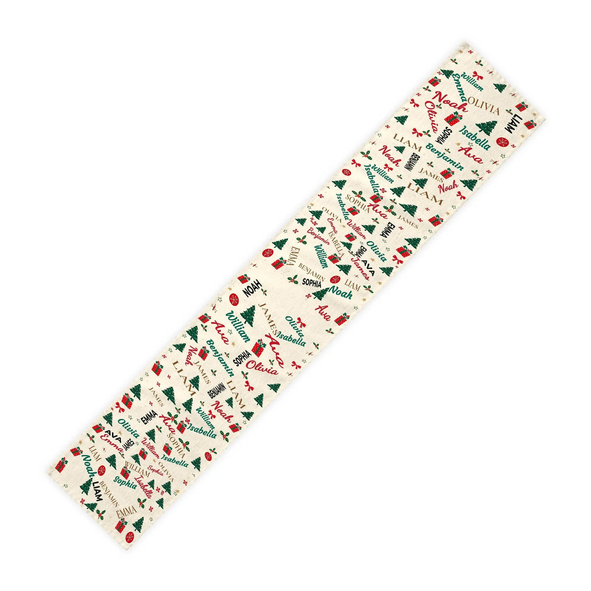 Grandkids names Christmas table runner on white background