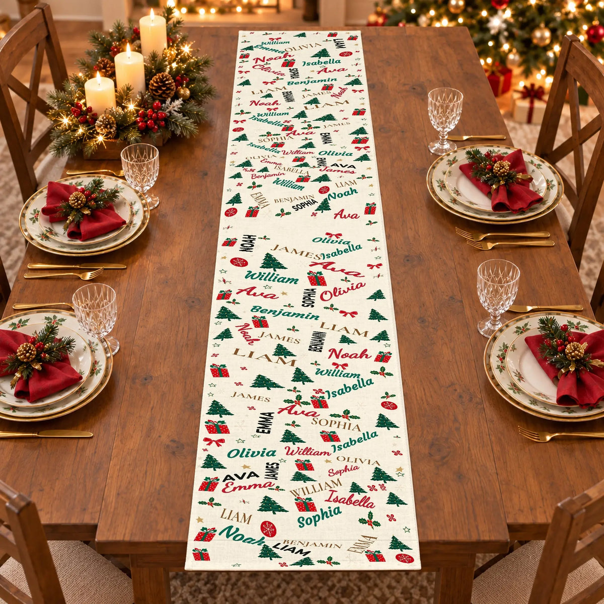 Personalized grandkids names table runner on a Christmas dinner table