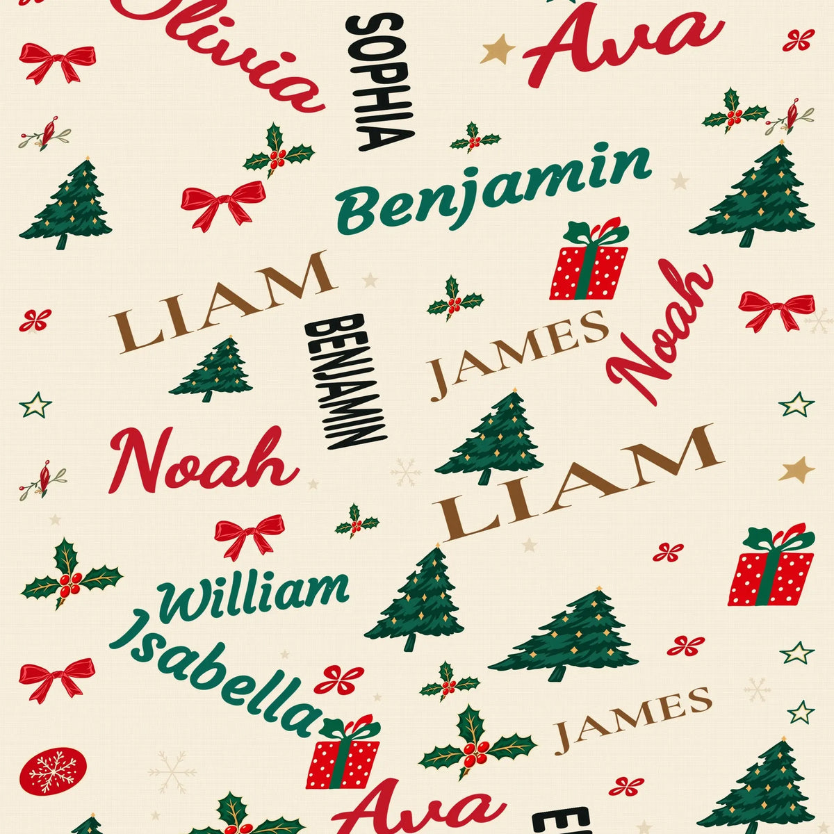 Print detail: grandkids names with Christmas trees, gifts and holly