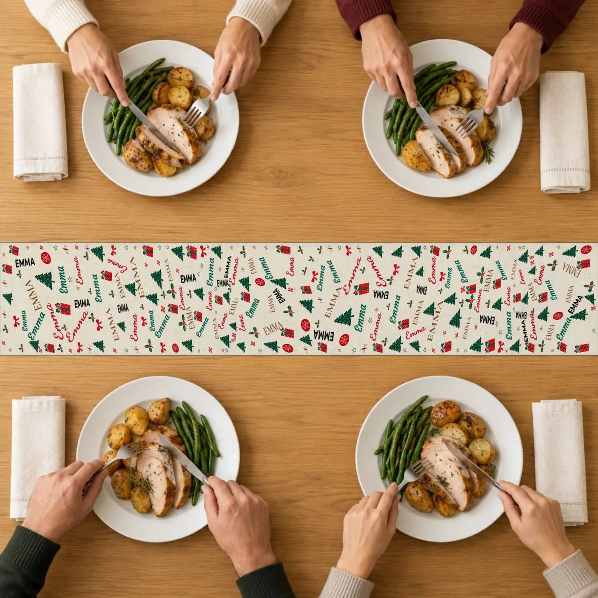 Personalized table runner preview with names on a dining table