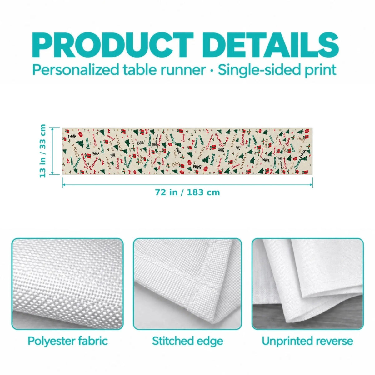 Table runner product details: 13 x 72 in, polyester, single-sided print