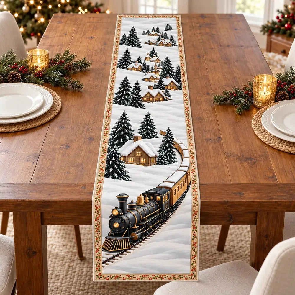 Christmas train table runner on a dining table