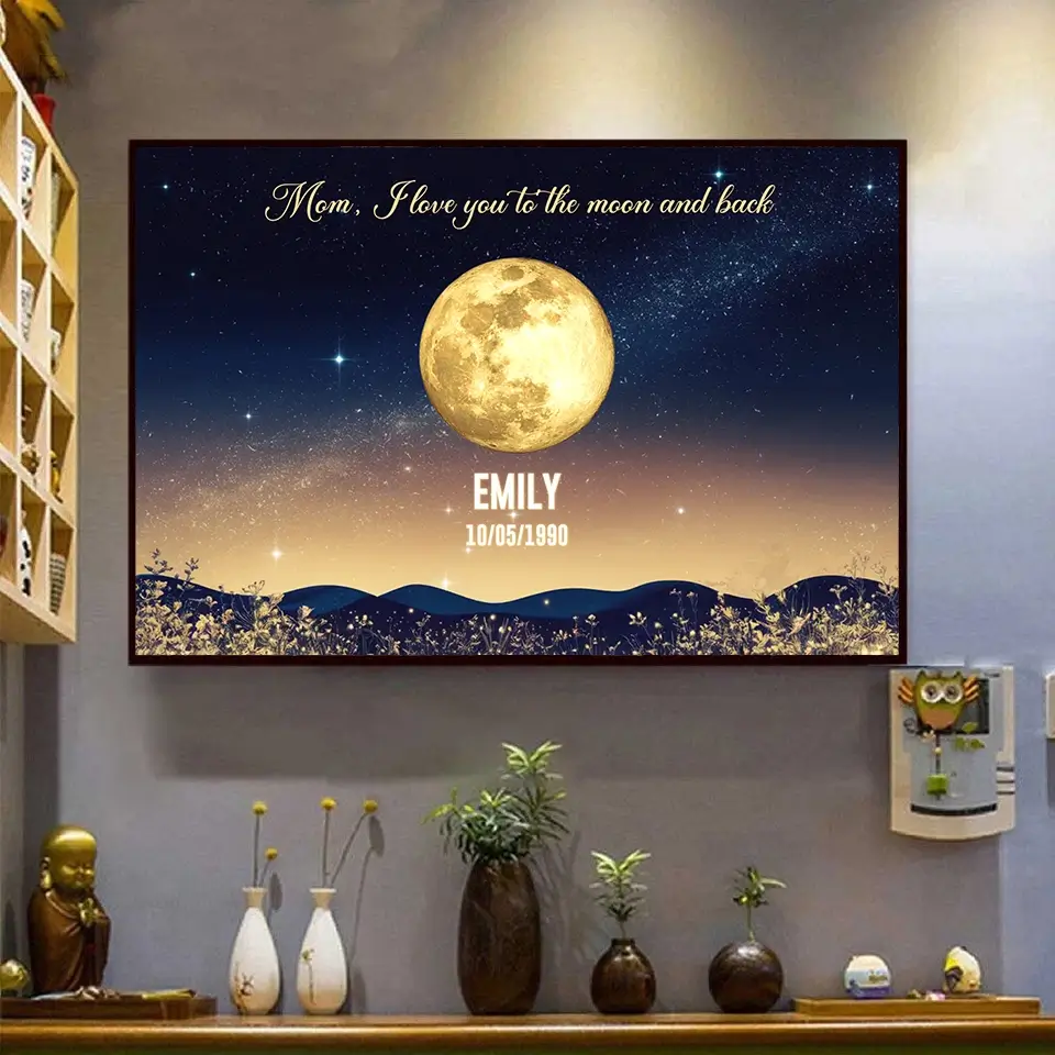 I Love You to the Moon and Back - Personalized Gold Birth Moon Phase Poster, Heartfelt Gift for Mom’s Birthday, Mother’s Day, or Just Because