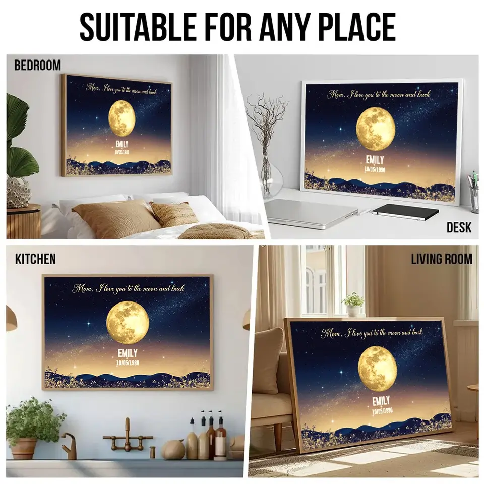 I Love You to the Moon and Back - Personalized Gold Birth Moon Phase Poster, Heartfelt Gift for Mom’s Birthday, Mother’s Day, or Just Because