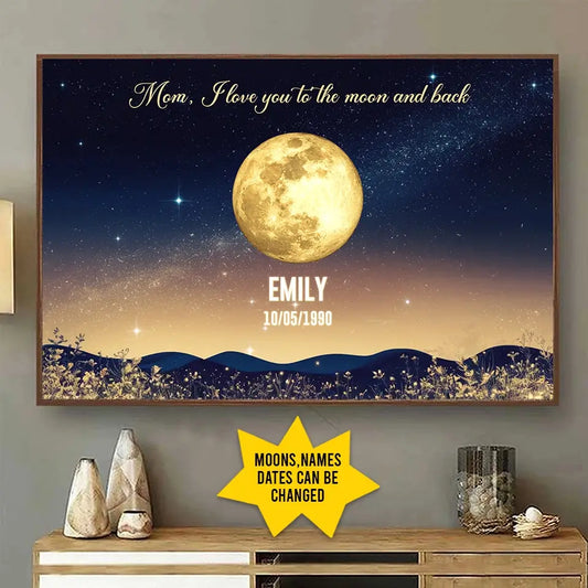 I Love You to the Moon and Back - Personalized Gold Birth Moon Phase Poster, Heartfelt Gift for Mom’s Birthday, Mother’s Day, or Just Because