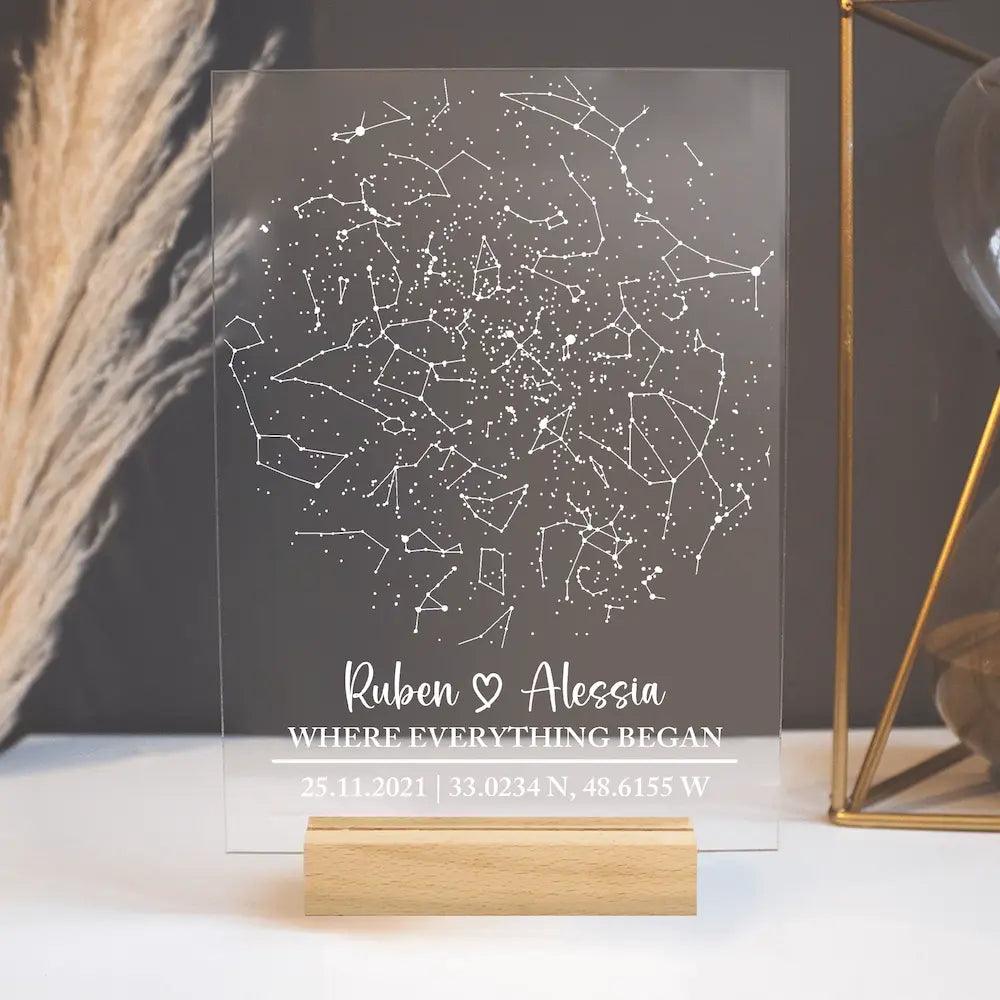 Illuminate Your Love: Personalized Constellation Chart Lamp – LED Night Light with Acrylic Plaque & Wooden Base – A Starry Gift for Couples, Boyfriend, or Girlfriend