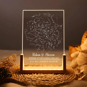 Illuminate Your Love: Personalized Constellation Chart Lamp – LED Night Light with Acrylic Plaque & Wooden Base – A Starry Gift for Couples, Boyfriend, or Girlfriend