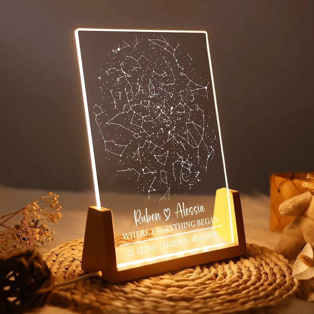 Illuminate Your Love: Personalized Constellation Chart Lamp – LED Night Light with Acrylic Plaque & Wooden Base – A Starry Gift for Couples, Boyfriend, or Girlfriend