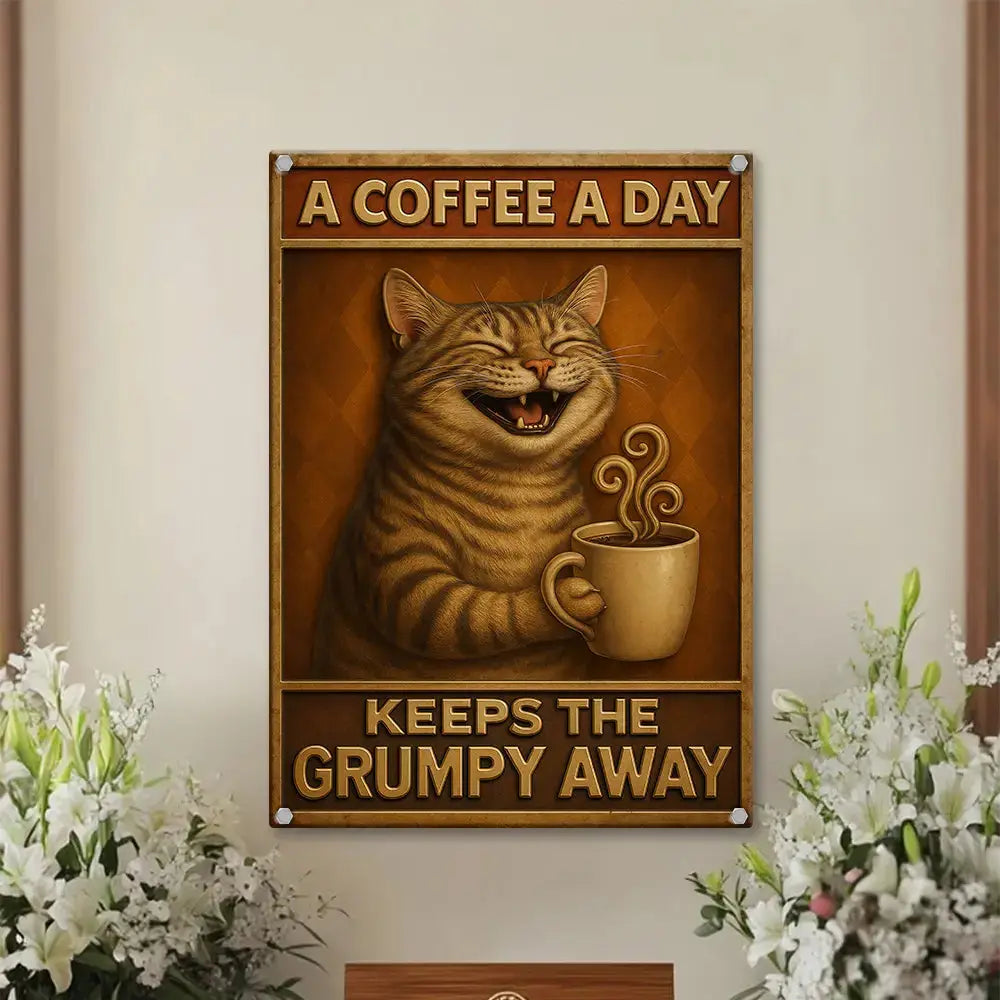 Keeps The Grumpy Away Cat Metal Sign – Coffee Gift Duconspace
