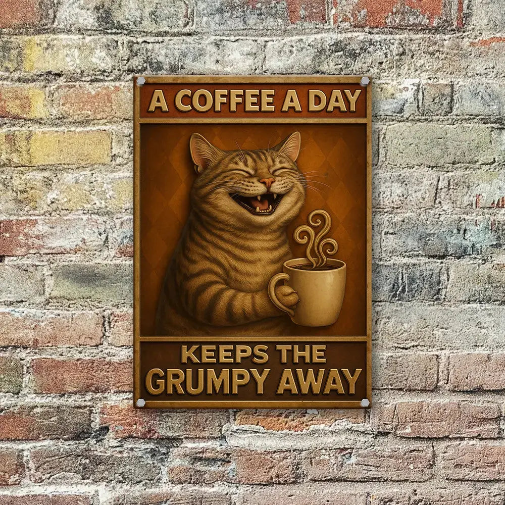 Keeps The Grumpy Away Cat Metal Sign – Coffee Gift Duconspace