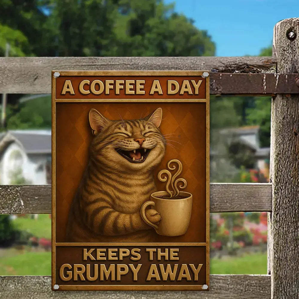 Keeps The Grumpy Away Cat Metal Sign – Coffee Gift Duconspace